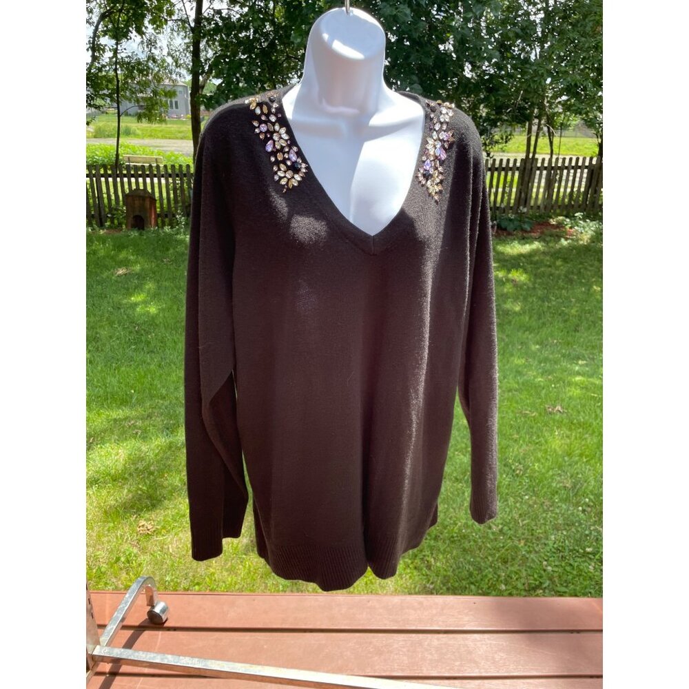 Judy Smith Collection Black Sweater With Jeweled V-Neckline Long Sleeves Womens
